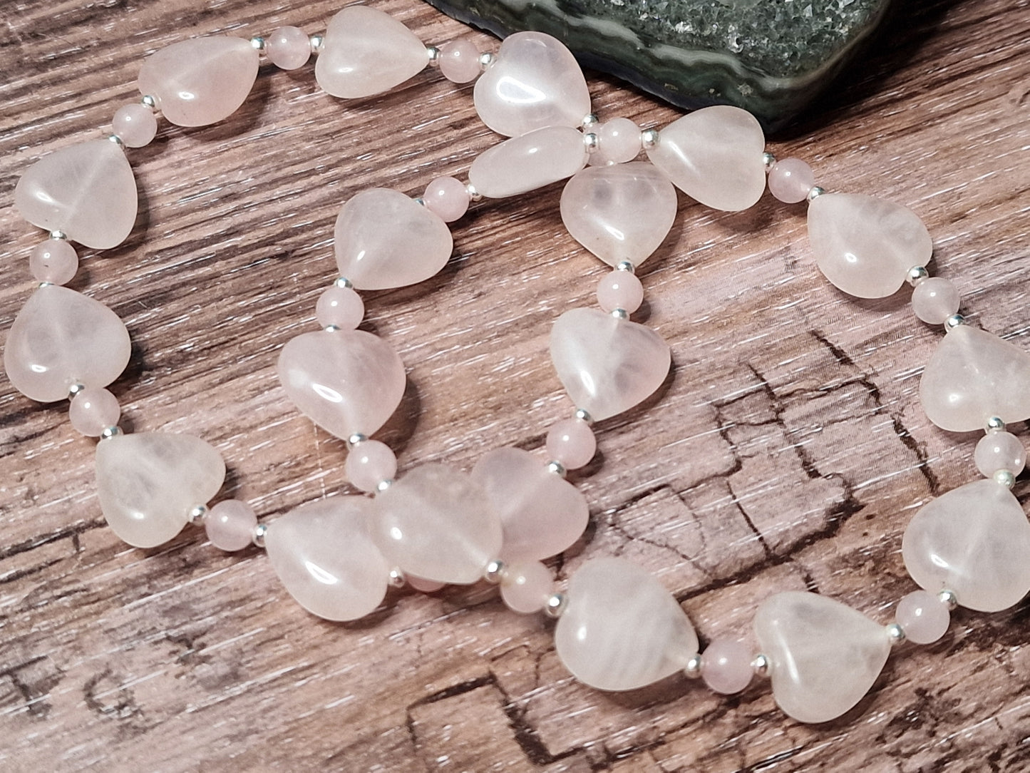 Rosenquarz Herzarmband mit Sterlingsilberperlen ca. 18cm