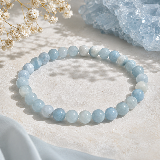 🌊 Aquamarin Armband – Stimme deiner Seele ☆ 6 mm Edelsteinperlen • 18 cm Umfang • Handgefertigt mit Herz