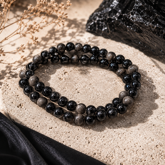 🖤 Obsidian Armband – Der Schutzstein der Schatten ☆6 mm Edelsteinperlen • 18 cm Umfang • mit silbernem Schimmer