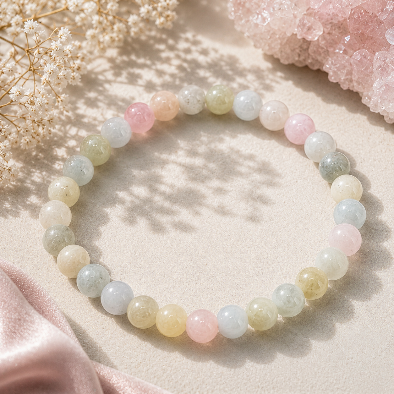 🌸 Morganit Armband – Herzjuwel der Göttin ☆ 6mm Perlen ☆ 18cm Umfang